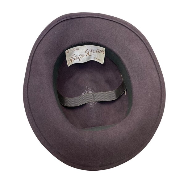 Adolfo Realites Purple Wool Fedora Hat With Beige Ribbon Bow Feather Accent - Picture 9 of 12